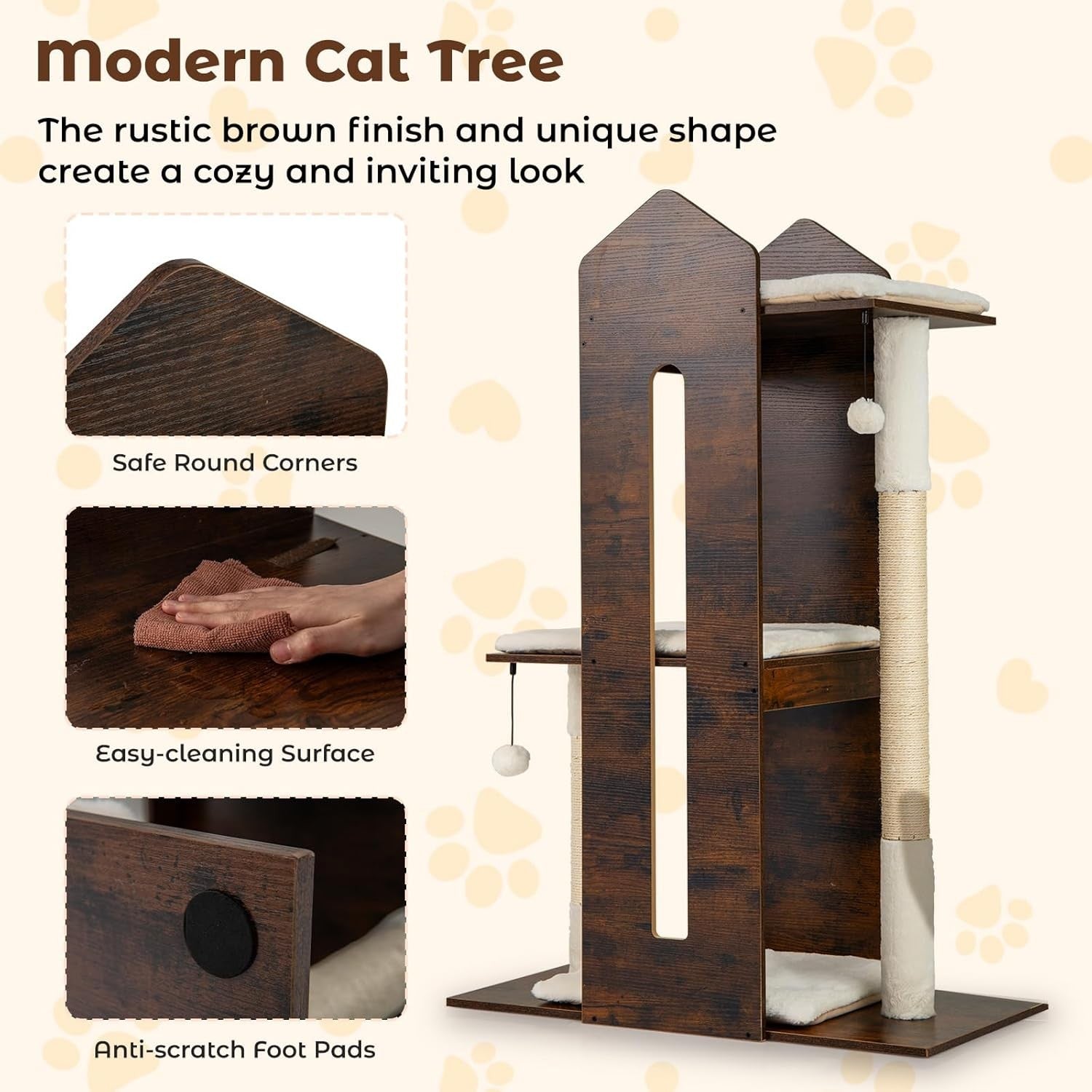 Wooden Cat Tree Tower Dark Brown 120cm Multi-Level Scratching Post Indoor