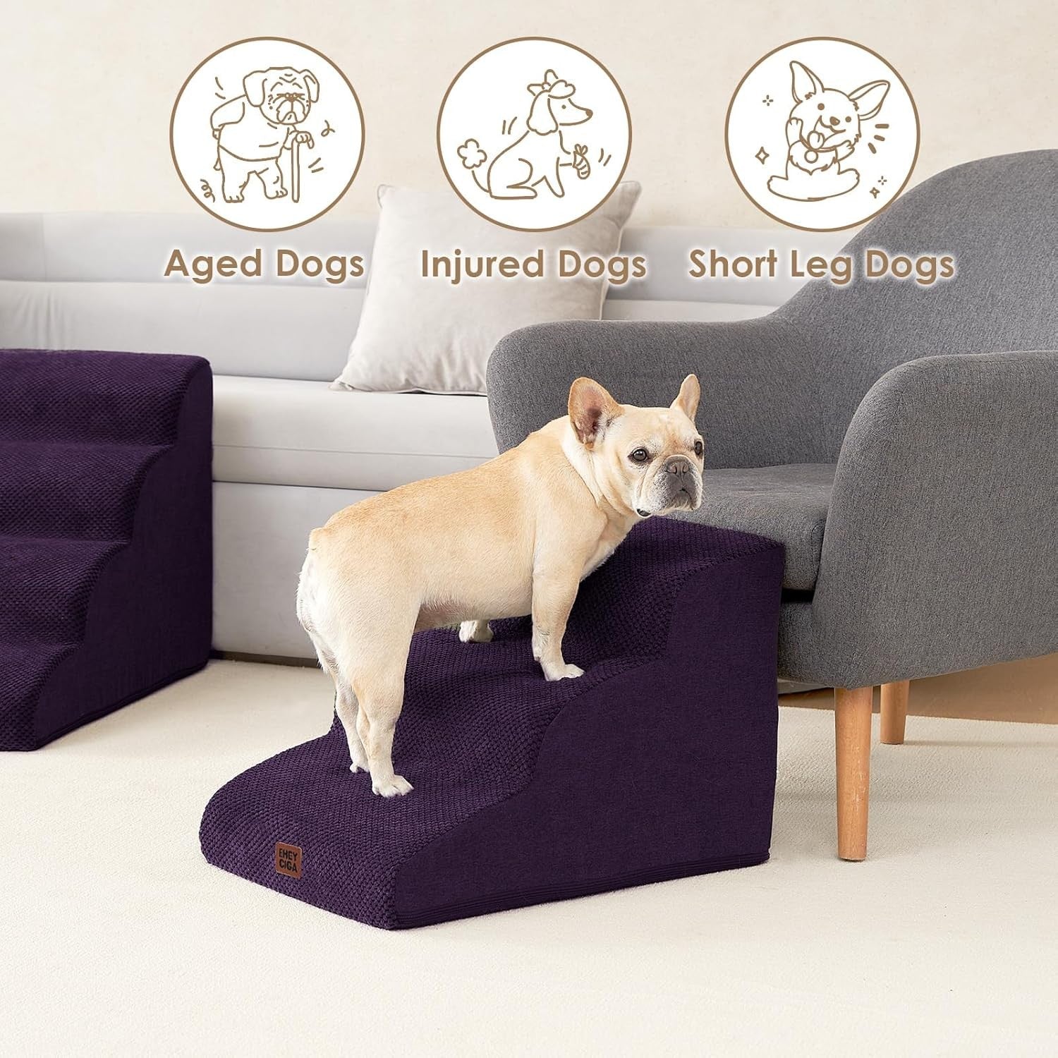 3 Step Dog Stairs for Bed Non Slip Foam Pet Steps Purple