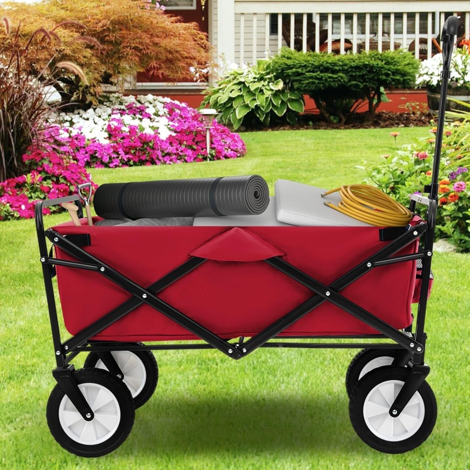 Folding Festival Trolley Wagon 82L Heavy Duty Cart All Terrain Wheels Red