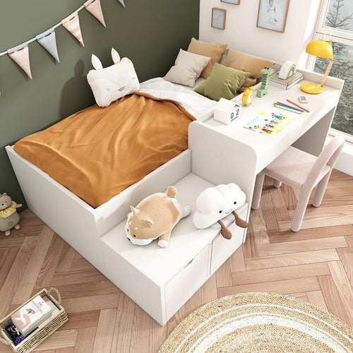 Kids Bed with Desk Storage Drawers 3FT Single White Bed Frame 90x190cm