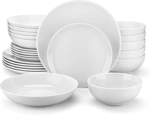24 Piece White Dinner Set Plates Bowls Porcelain Chip Resistant Service for 6