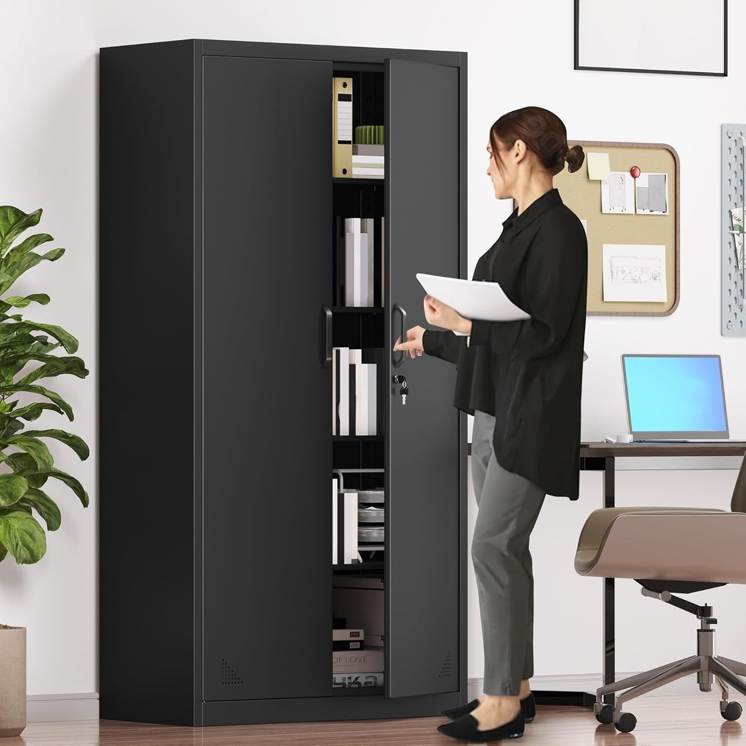 Tall Metal Storage Cabinet Lockable Filing Cabinet 4 Adjustable Shelves Black