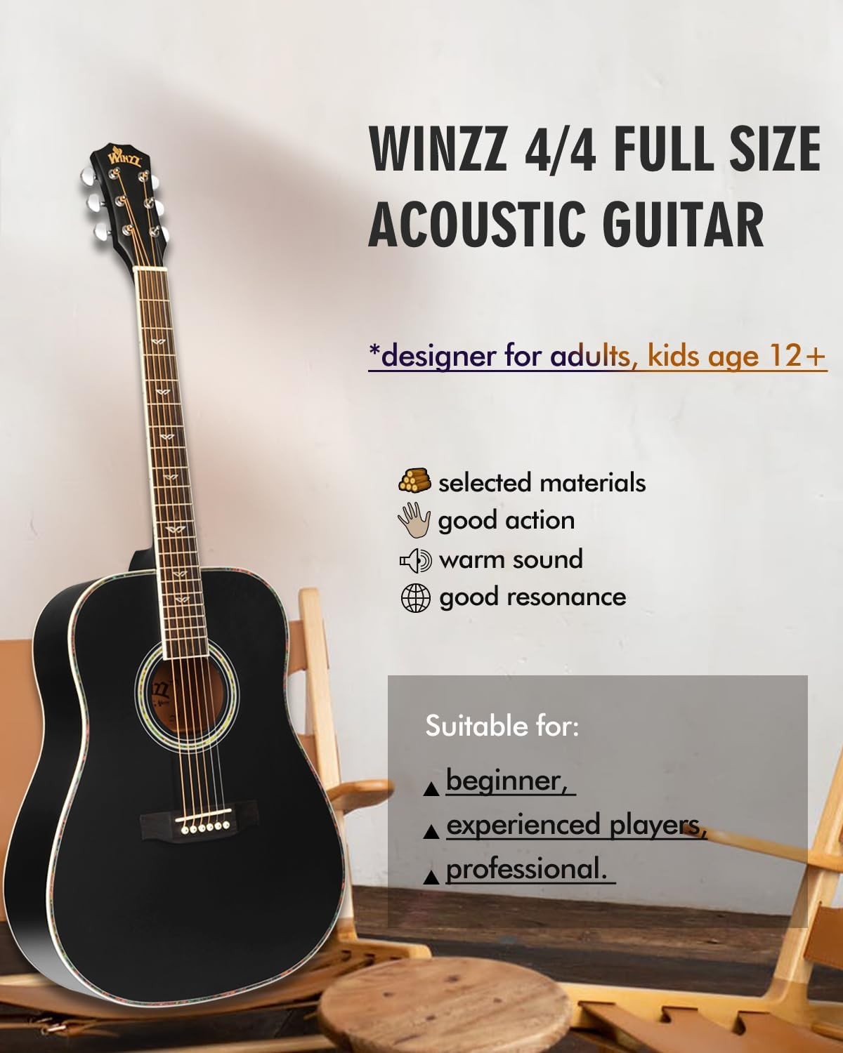 Full Size 4/4 Dreadnought Acoustic Guitar Starter Kit Black