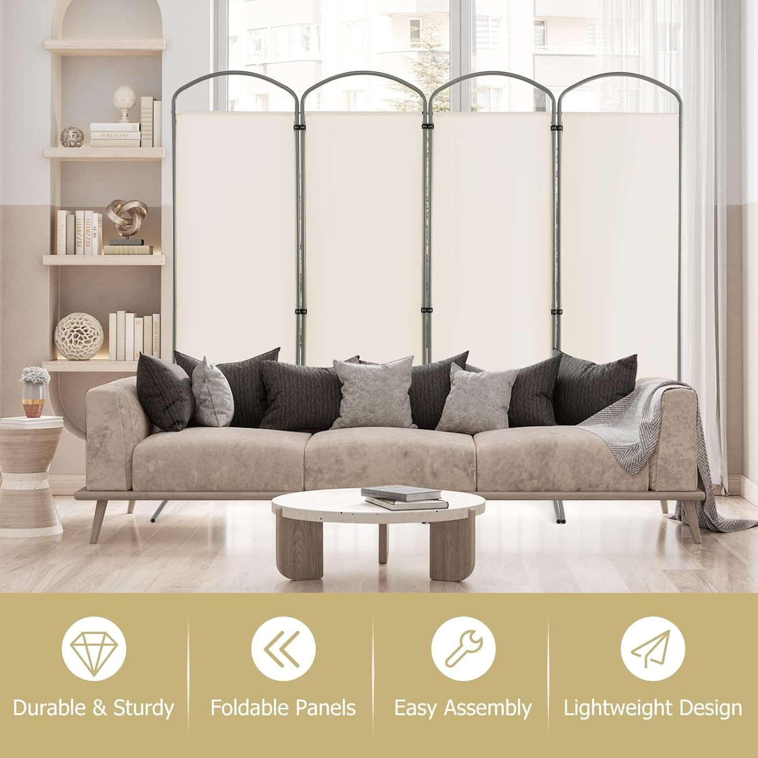 4 Panel Cream Folding Room Divider Privacy Screen for Bedroom Office 188cm High
