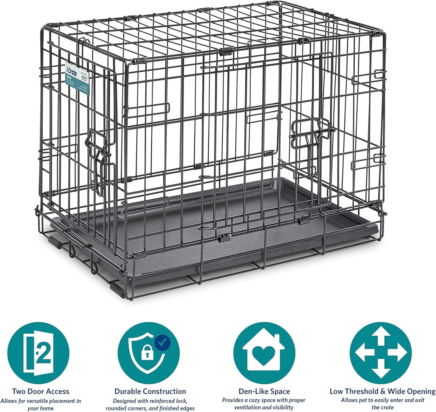 Secure Double Door Dog Crate 22” w/ Divider, Leak-Proof Pan & Feet