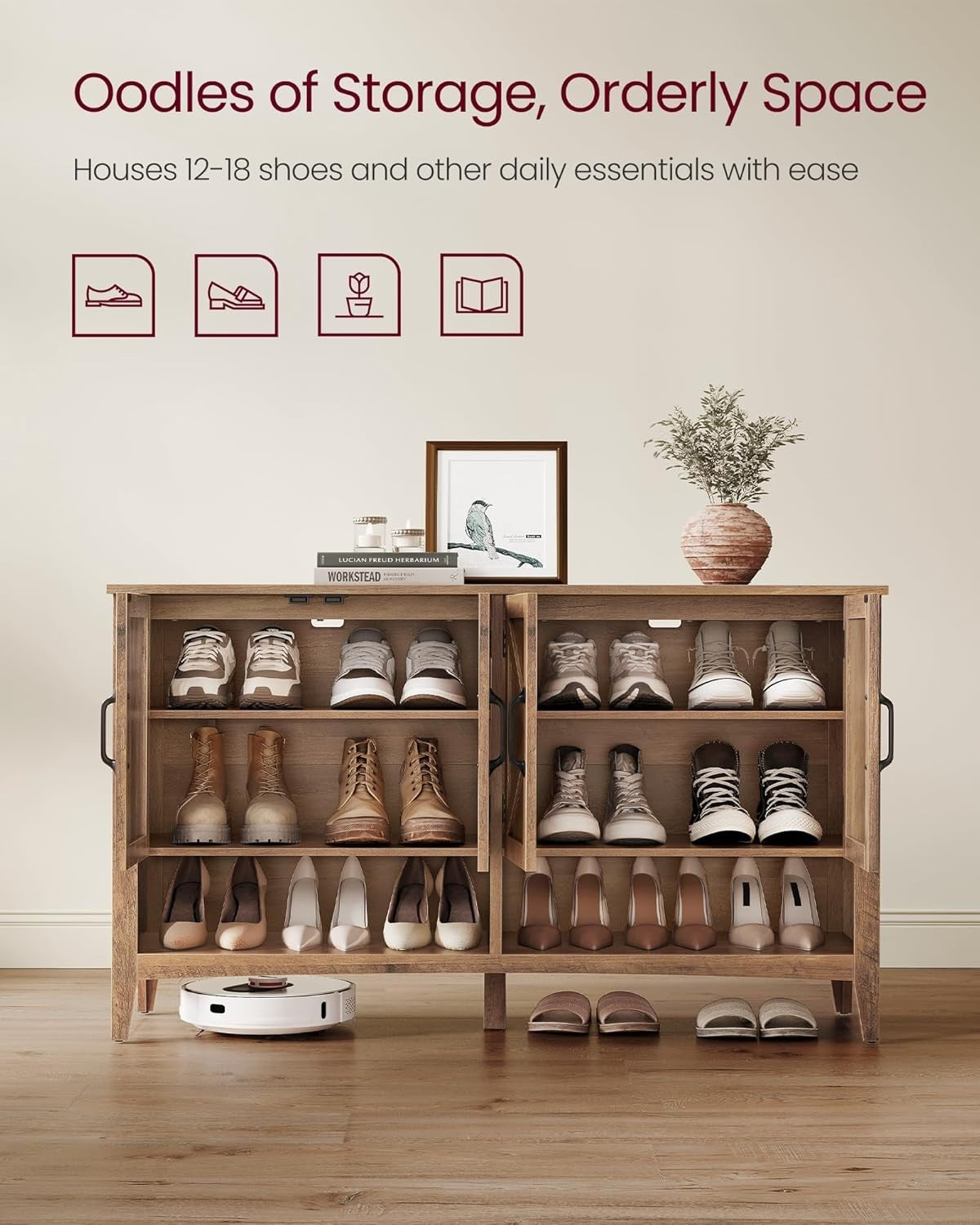 Honey Brown Shoe Cabinet 120x35x70.5cm Adjustable Shelf 12-18 Pair Storage