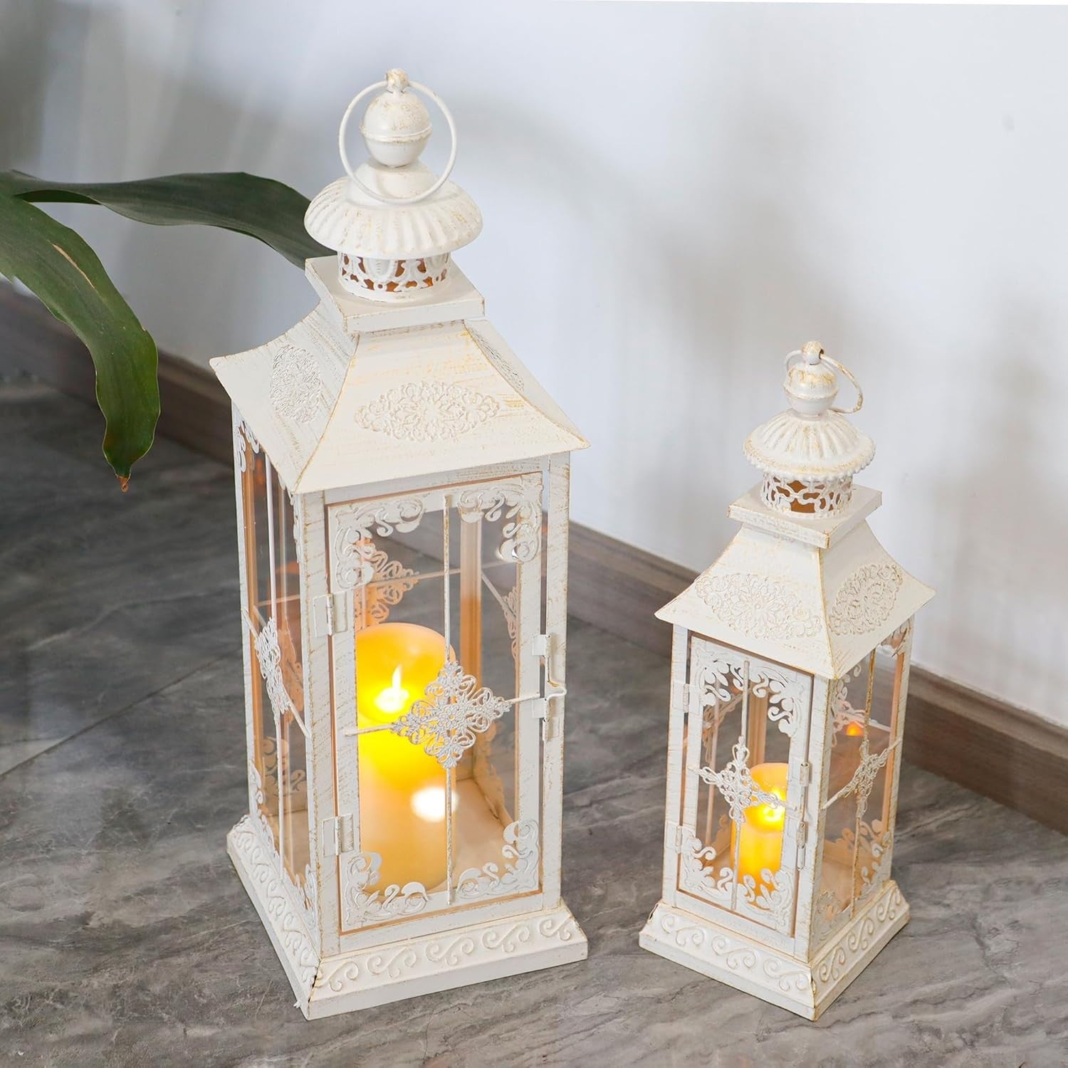 2 Pack White Gold Vintage Metal Candle Lanterns Indoor Outdoor