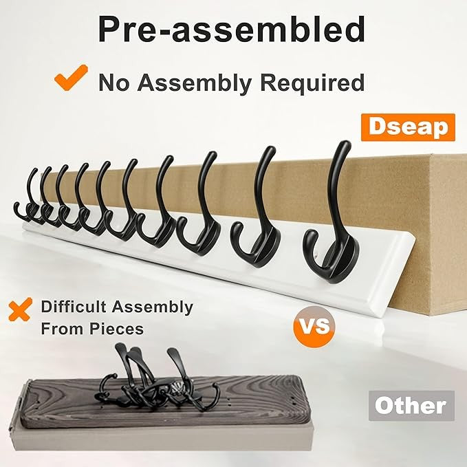 White Wall Mounted Coat Rack 2 Pack 97cm | 10 Heavy Duty Hooks Wooden Hanger