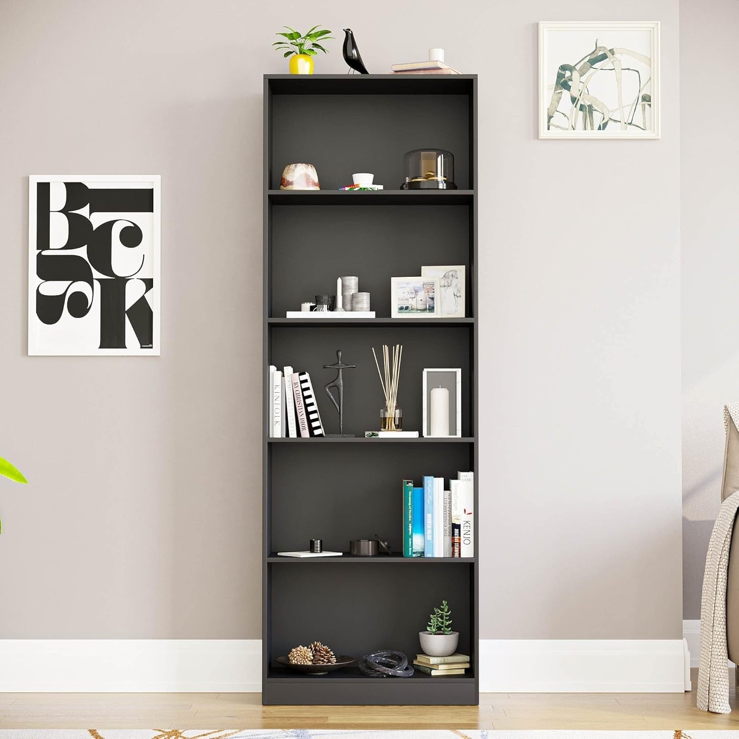 5 Tier Black Wooden Bookcase Modern Storage Display Shelf for Living Room