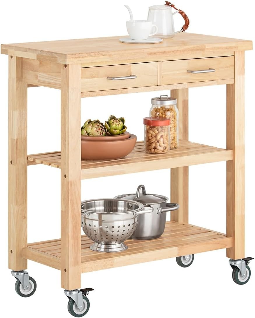 80x40x90cm Rubberwood Kitchen Trolley 2 Drawers