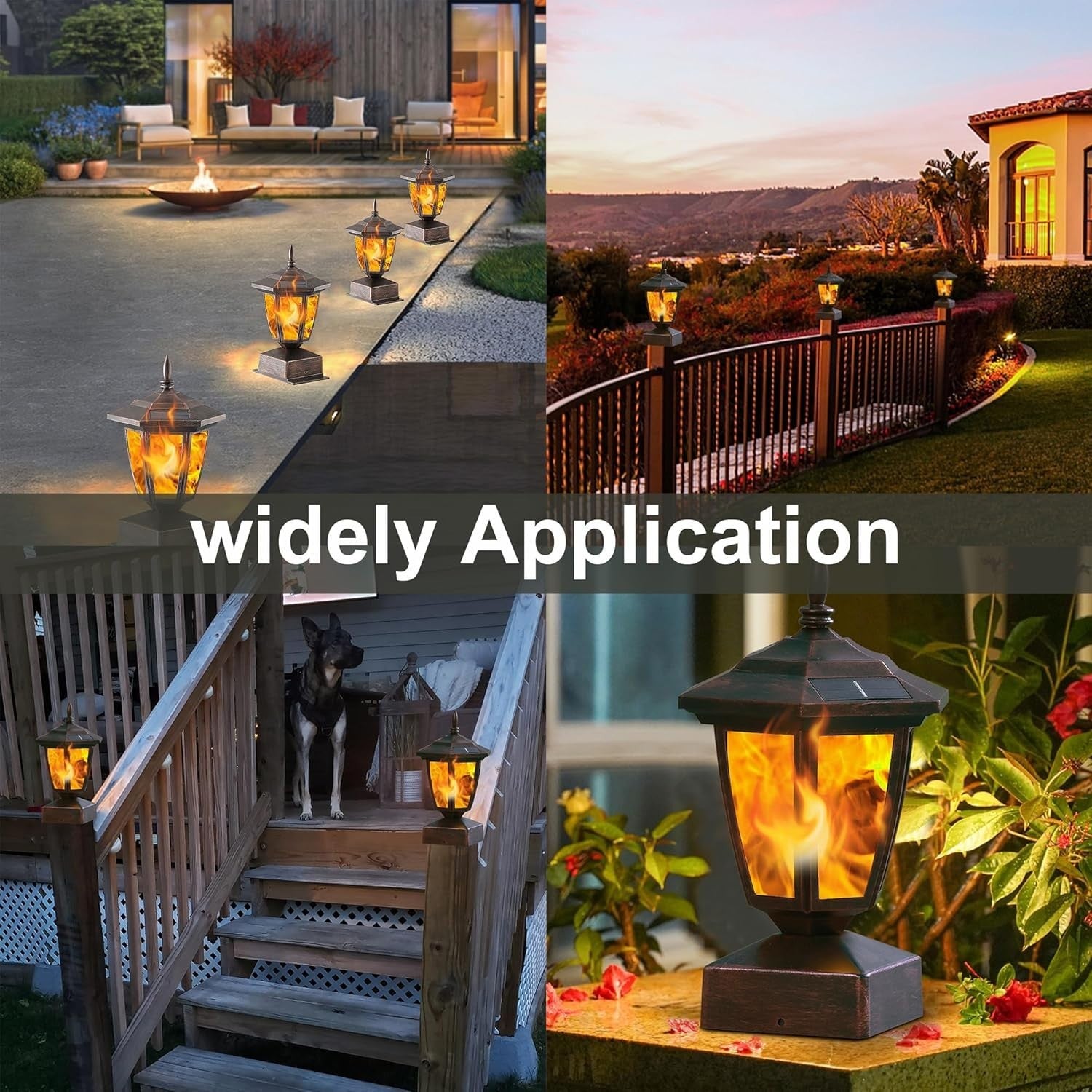 4 Pack Bronze Solar Flame Post Lights LED Outdoor Fence Lanterns