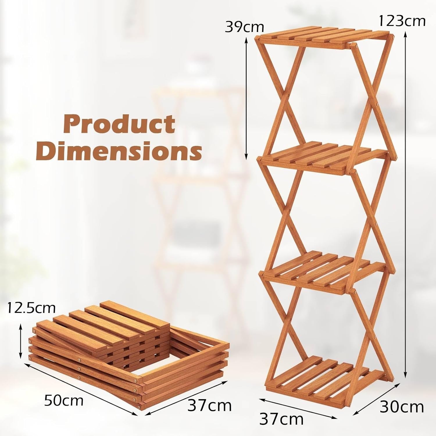 4-Tier Folding Plant Stand Tall Wooden Indoor Outdoor Corner Shelf Rack