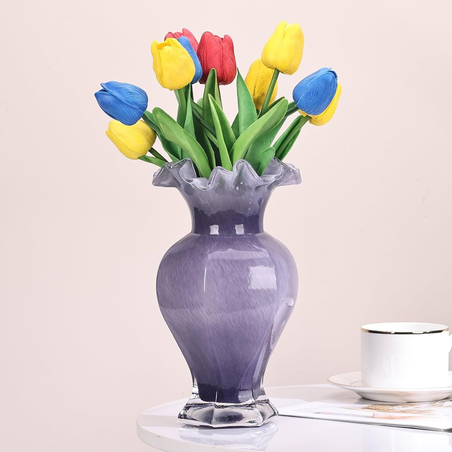 Hand Blown Purple Glass Vase 24cm Tall Art Centerpiece Table Decor