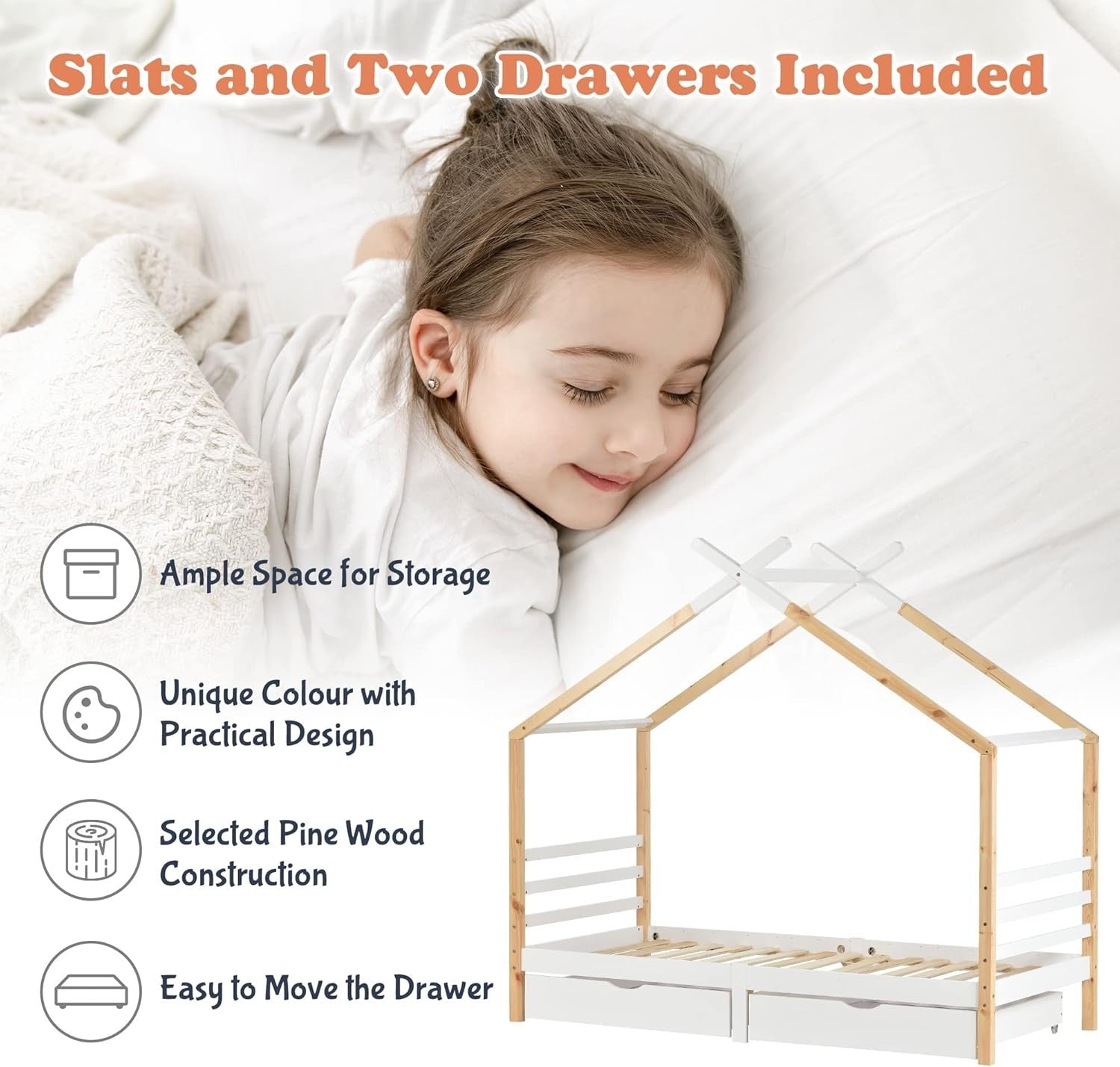 Kids 3FT Single Storage Bed with Safety Rails & Pine Wood House Frame