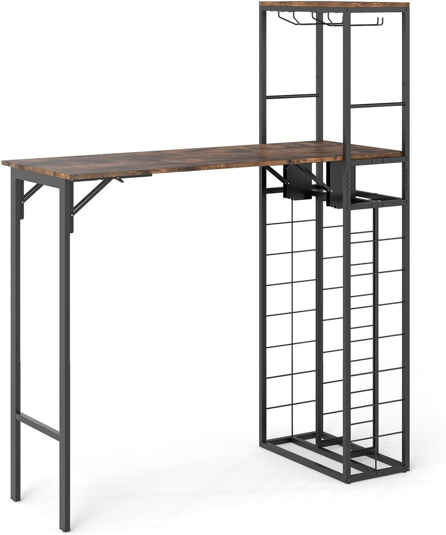 Foldable Bar Dining Table with Wine Rack, 2-Tier Storage, Rustic Brown Metal