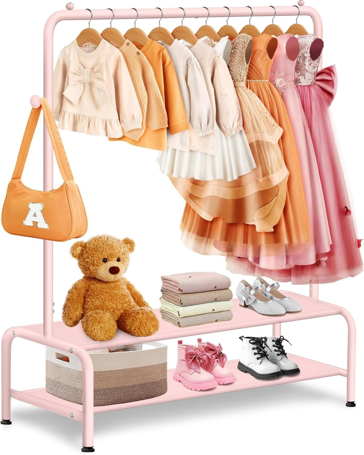 Kids Clothes Rail Light Pink Mini Dress Up Rack 2 Shelves