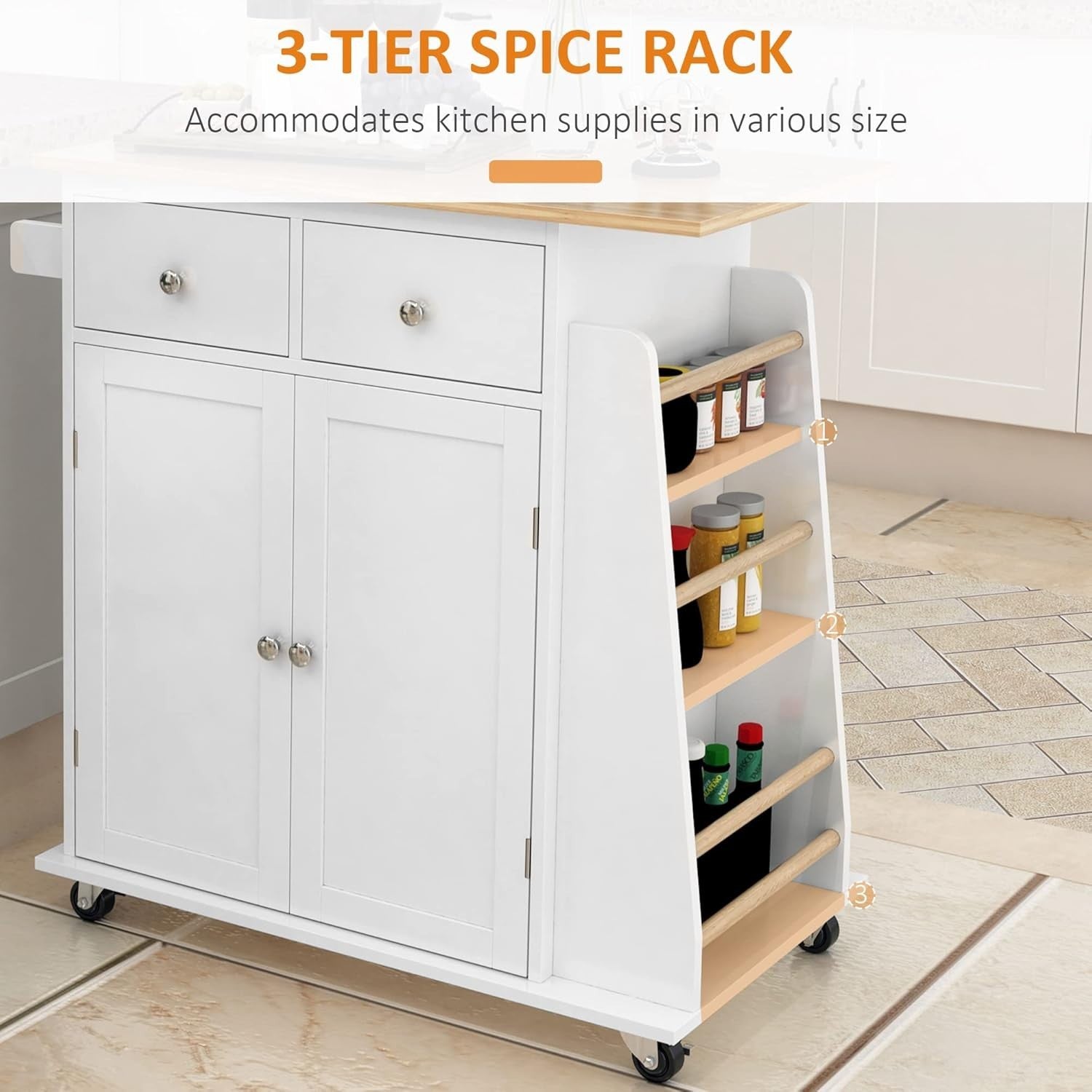 Rolling Kitchen Island Cart with Rubberwood Top, Drawers & Spice Rack
