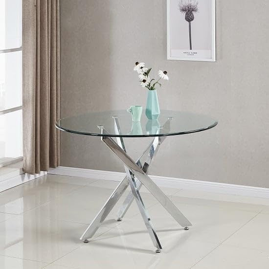 Round Clear Glass Dining Table 110cm Diameter 76cm Height Chrome Legs
