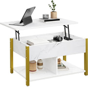 Lift Top Coffee Table with Storage Shelf & Hidden Compartment White Marble