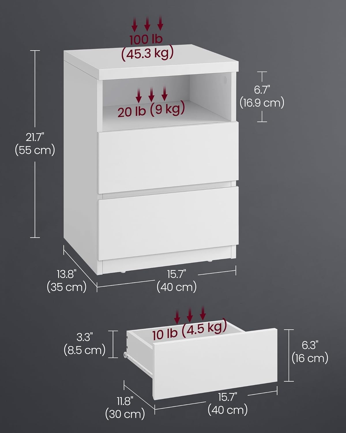 Set of 2 White LED Bedside Tables with Drawers, Modern Storage Nightstands