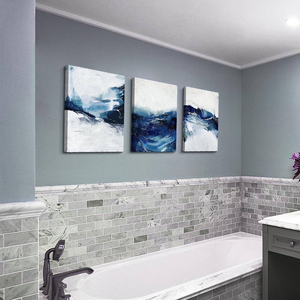 3Pcs Large Navy Blue Abstract Canvas Wall Art – Modern Living Room Decor