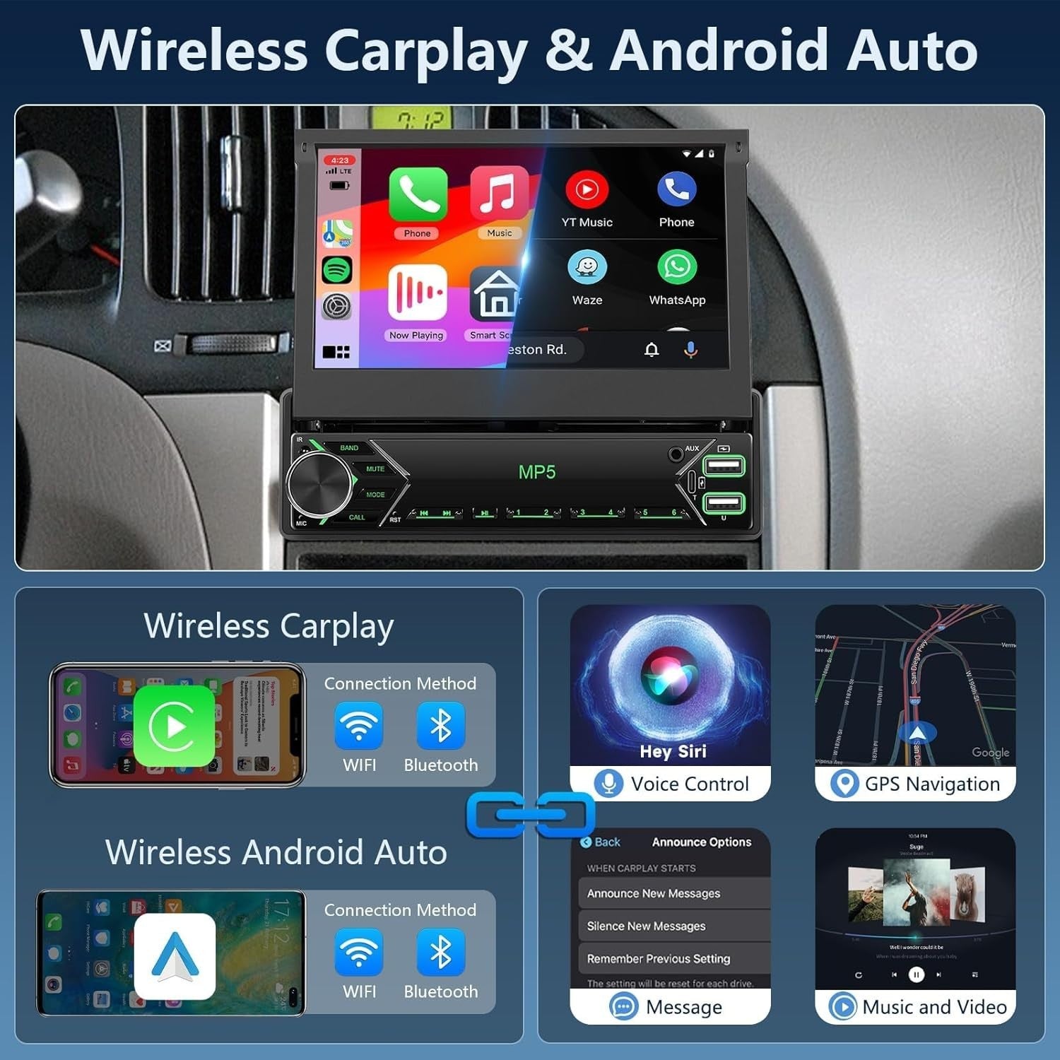 7" Touchscreen Car Stereo Wireless CarPlay Android Auto DAB+ FM