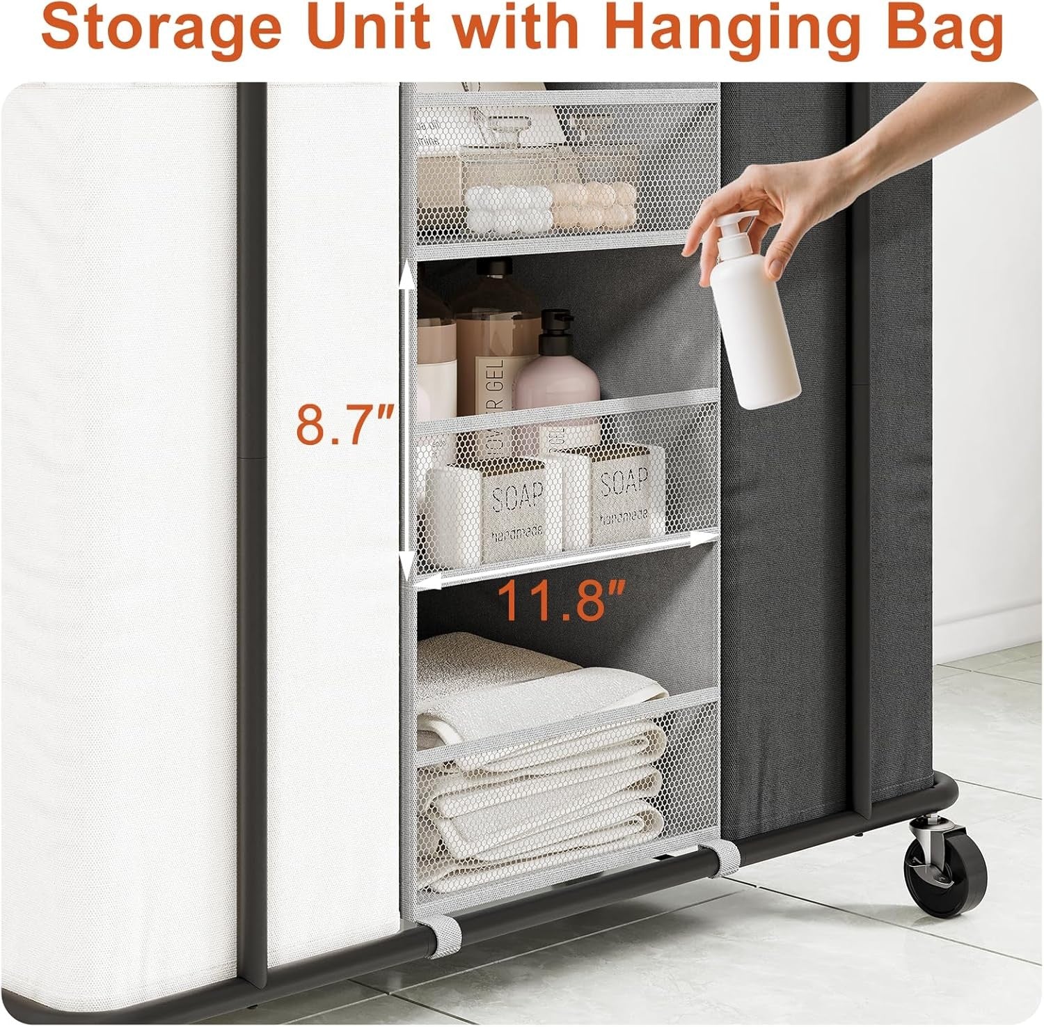 200L Rolling Laundry Sorter 2 Section with Wheels Hanging Bags & Shelves Beige