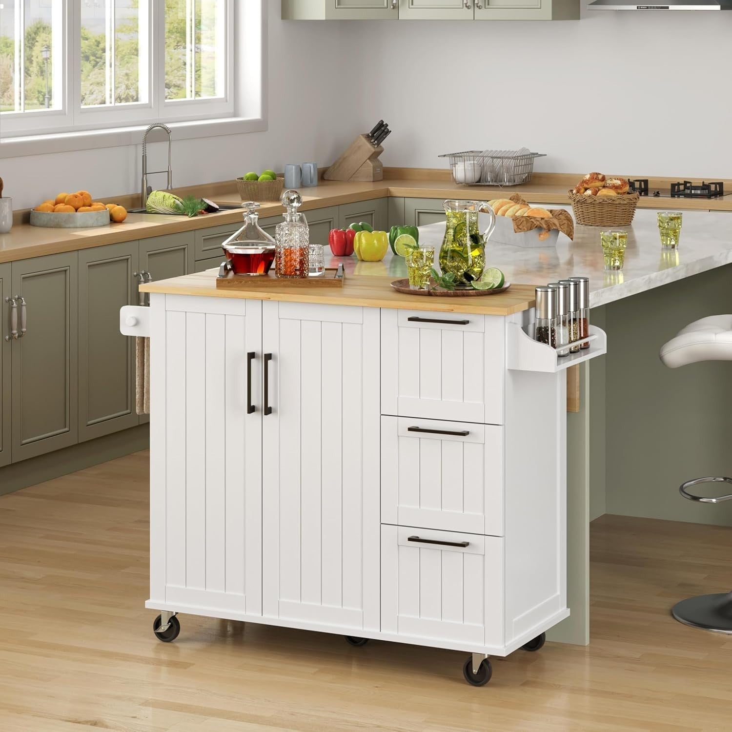Kitchen Island Cart Drop-Leaf Bar Table Storage Cabinet Drawers on Wheels White