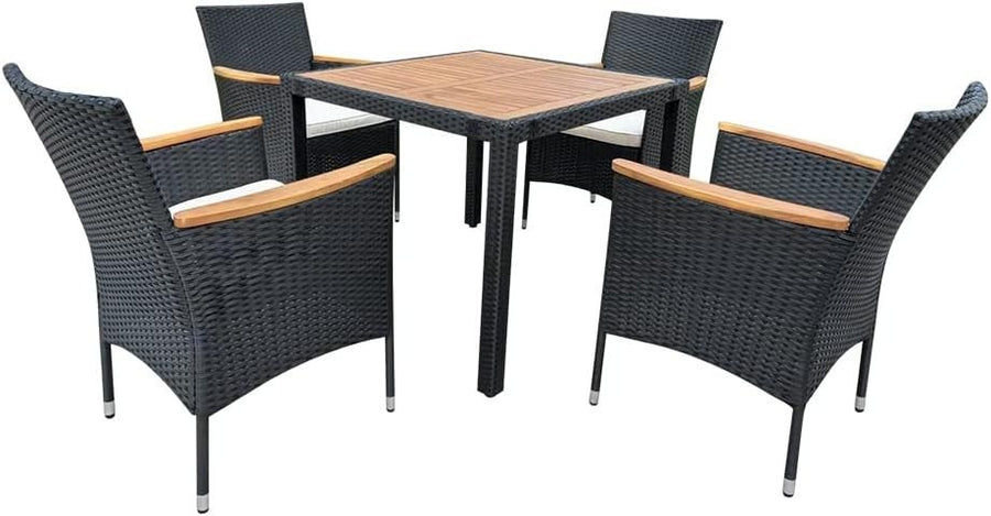 5-Piece Outdoor Rattan Patio Dining Set with Wood Table & Stackable Chairs