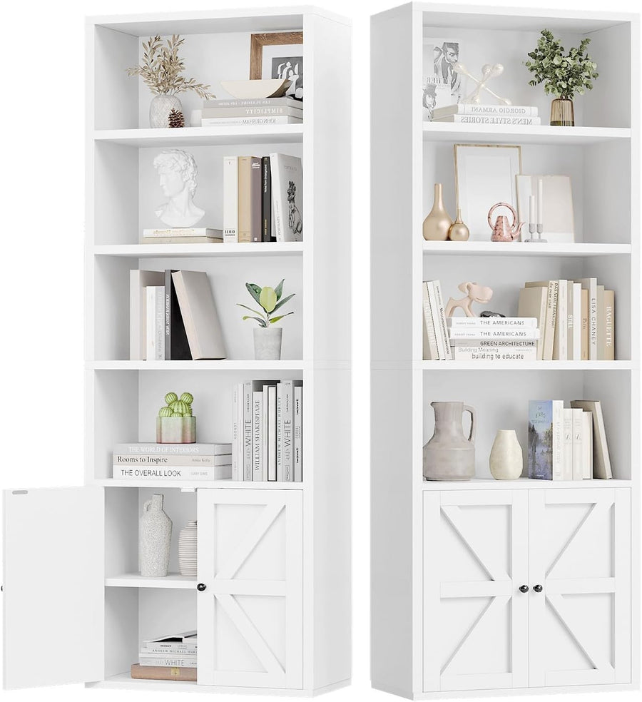 Tall White 6-Tier Bookcase with Cabinet Doors Modern Storage Shelving Unit
