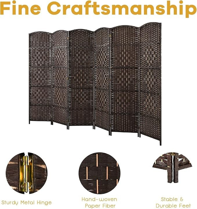 6 Panel Folding Room Divider – Brown Woven Privacy Screen for Bedroom
