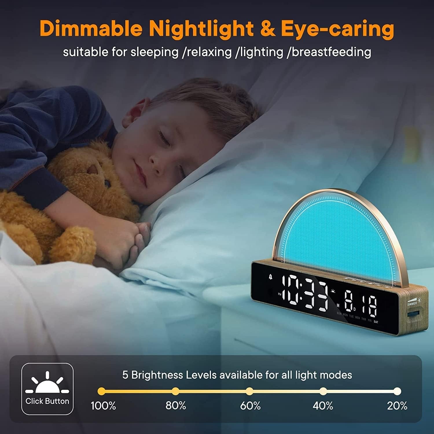 Sunrise Alarm Clock Wake Up Light White Noise Touch Dimmable Night Lamp