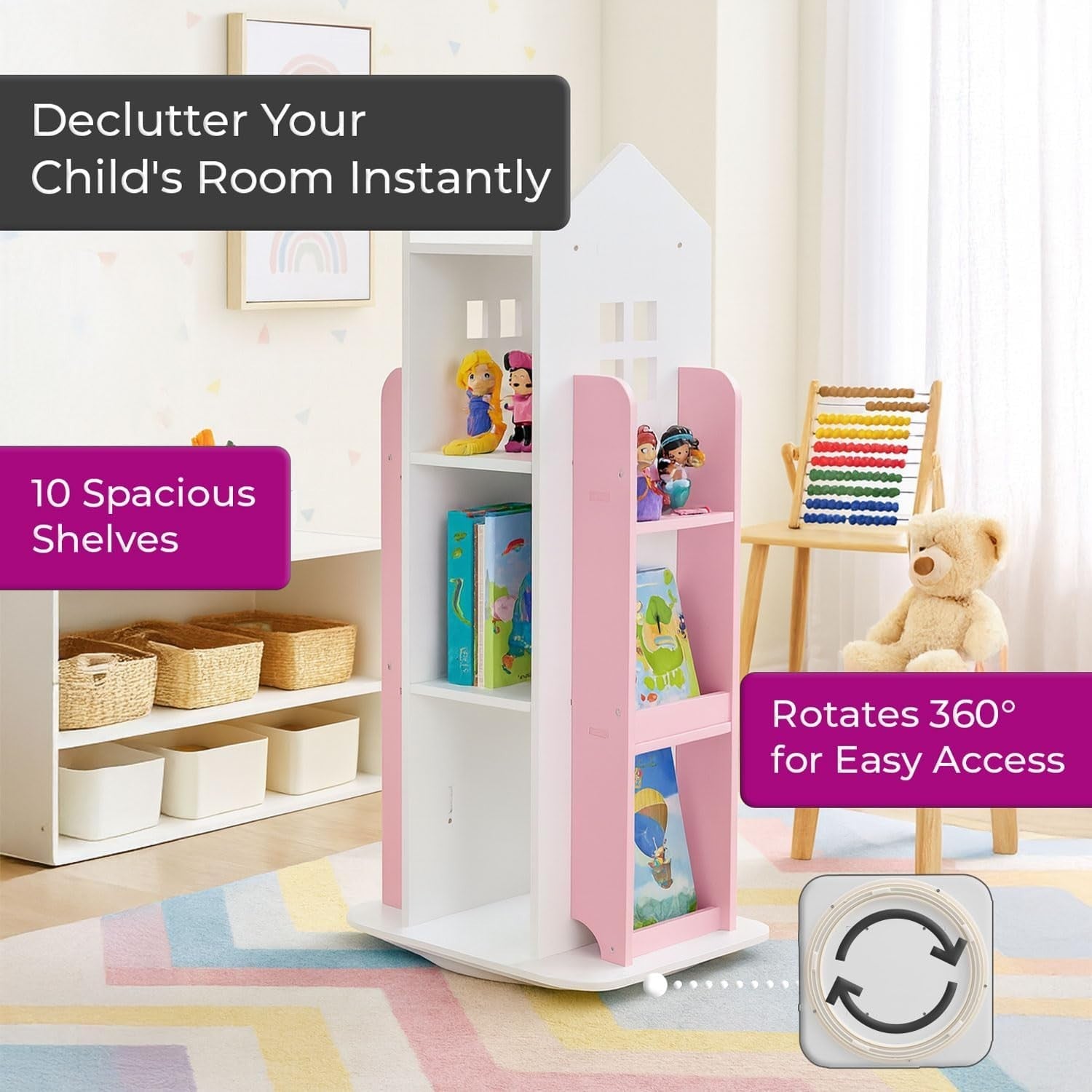 360° Rotating Kids Bookshelf 10-Shelf Freestanding Space-Saving Bookcase Pink