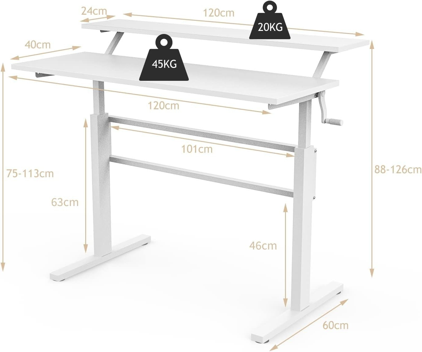 White Adjustable Standing Desk 113cm Crank Handle Sit Stand Table