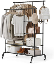 Heavy Duty Clothes Rail Double Hanging Rack Shelves Metallic