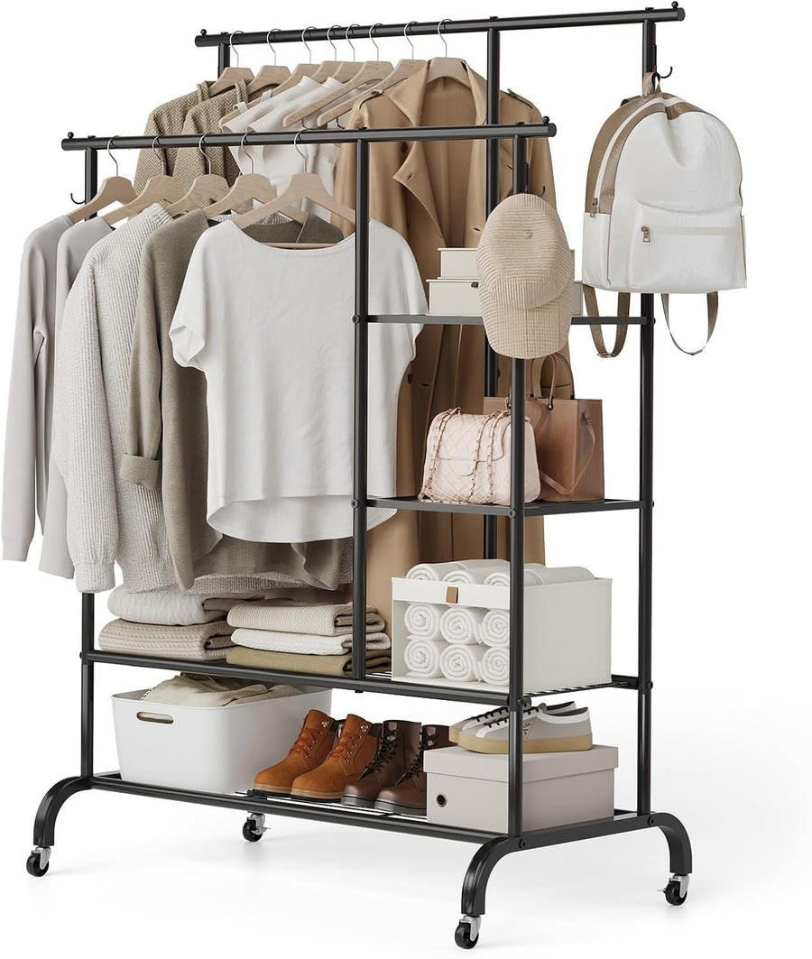 Heavy Duty Clothes Rail Double Hanging Rack Shelves Metallic