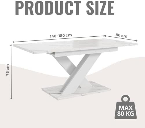 Extendable White Dining Table 140-180cm Modern Foldable Kitchen Table