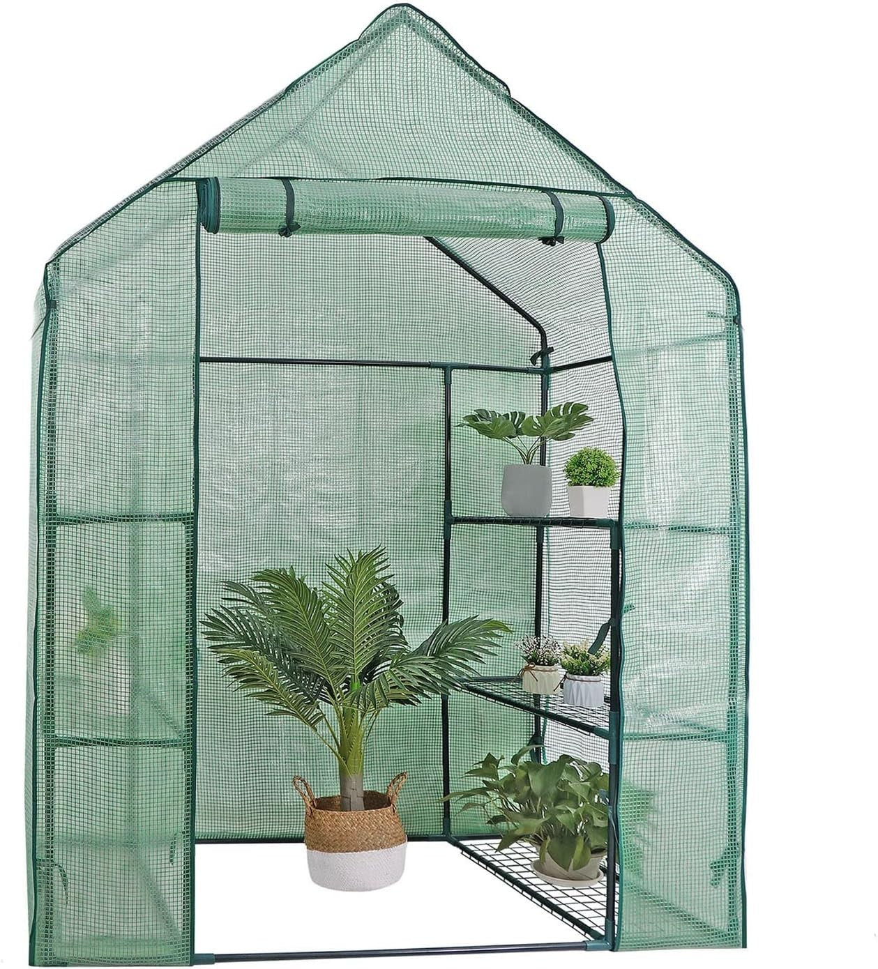 Walk-In Greenhouse with 4 Shelves Reinforced PE Cover Roll-Up Door 143x195cm