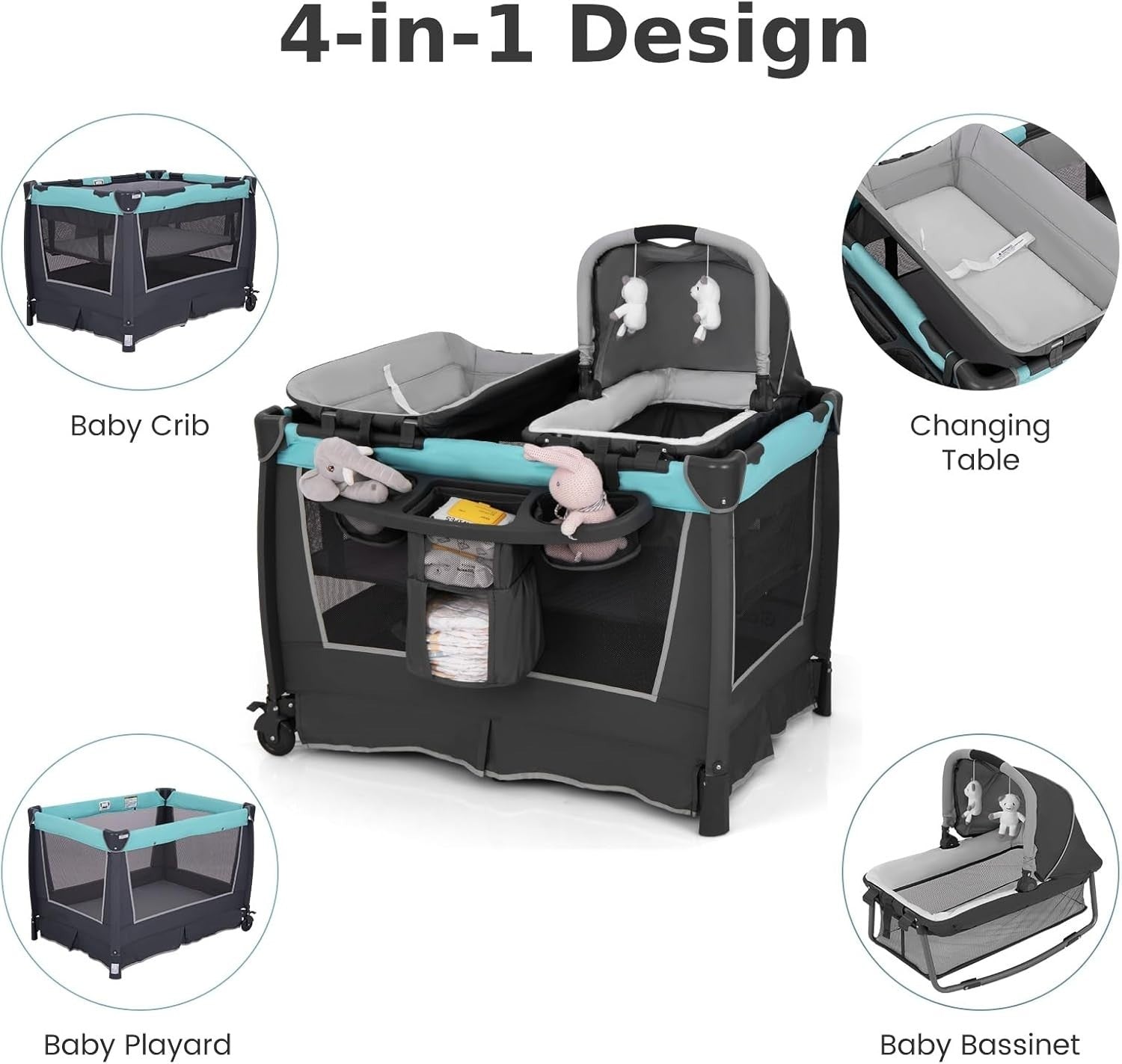 4in1 Baby Travel Cot with Bassinet Changing Table Playpen Wheels & Storage