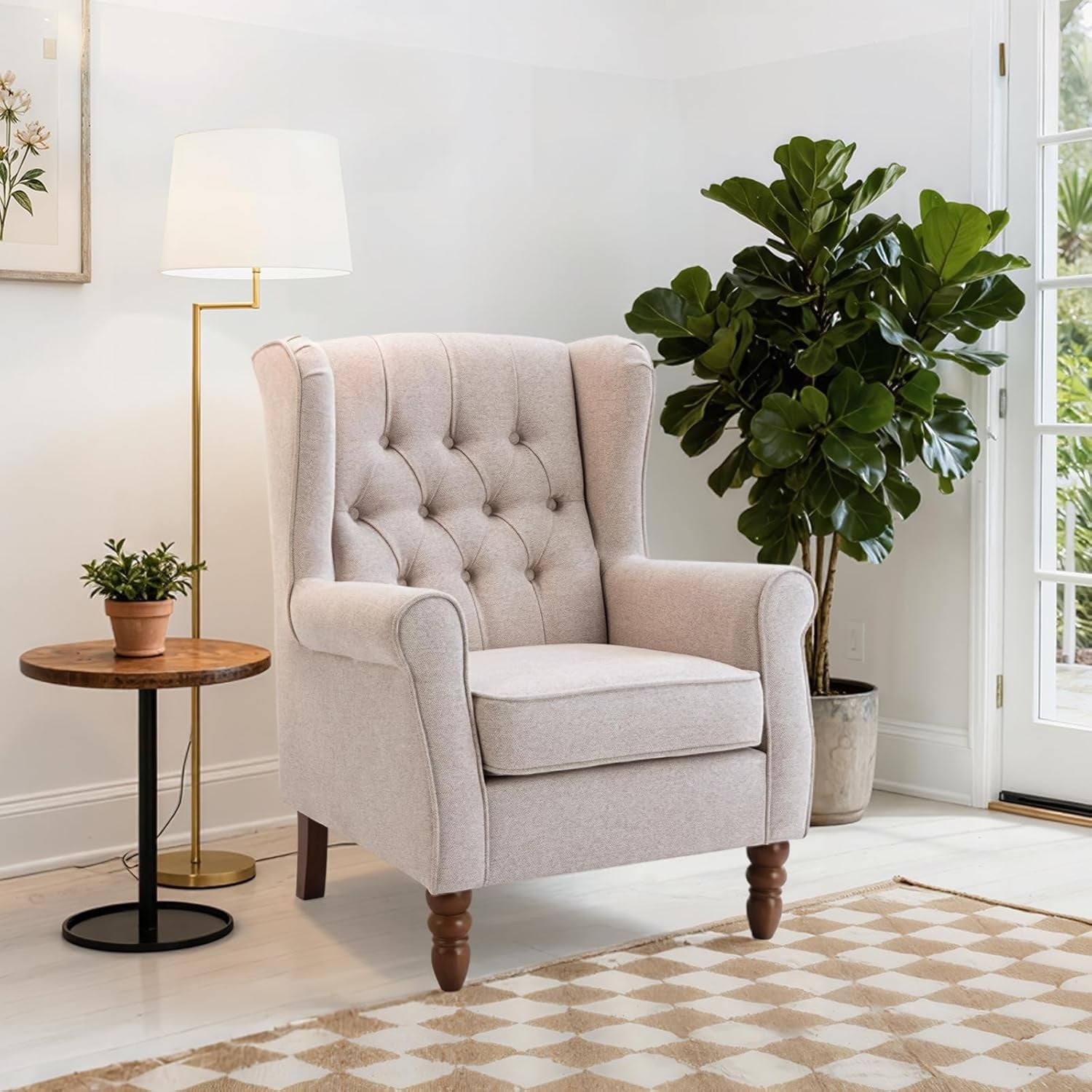 Mid‑Century Modern Wingback Accent Chair Set of 2 – Beige Upholstered Armchairs