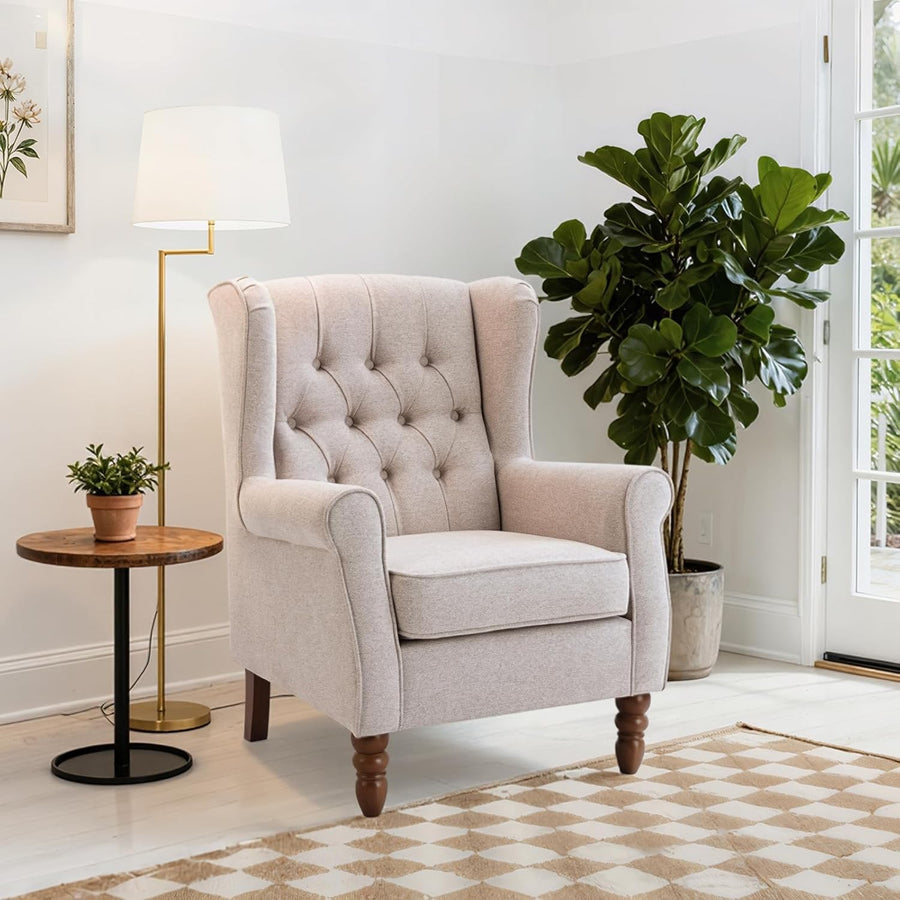 Mid‑Century Modern Wingback Accent Chair Set of 2 – Beige Upholstered Armchairs