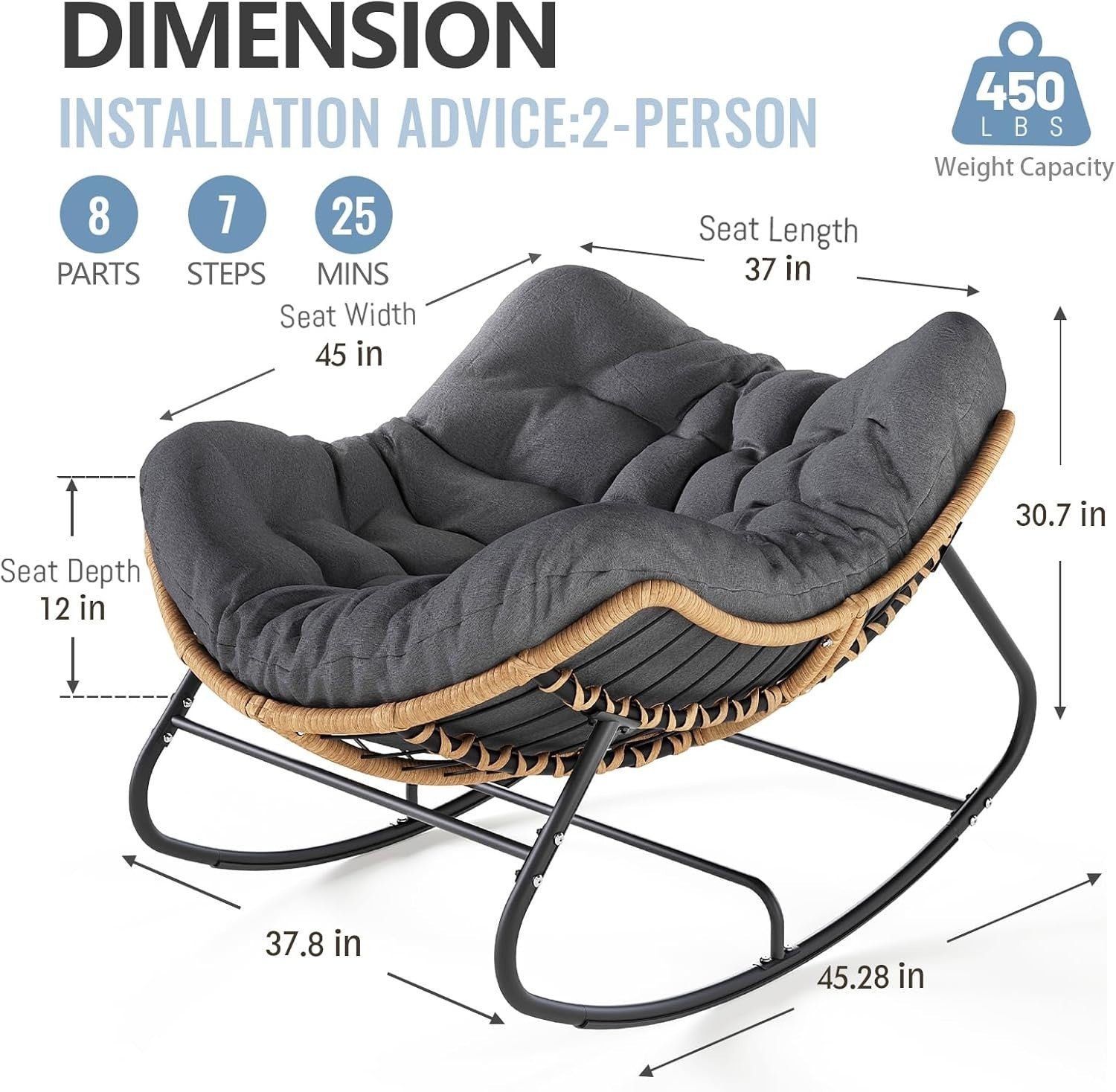 Outdoor Egg Rocking Chair with Cushion, Modern Patio Lounge Chair, Large & Durab