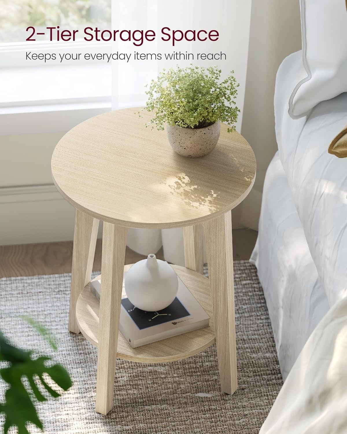Small Round Side Table with Lower Shelf, Natural Wood Look, Space-Saving End