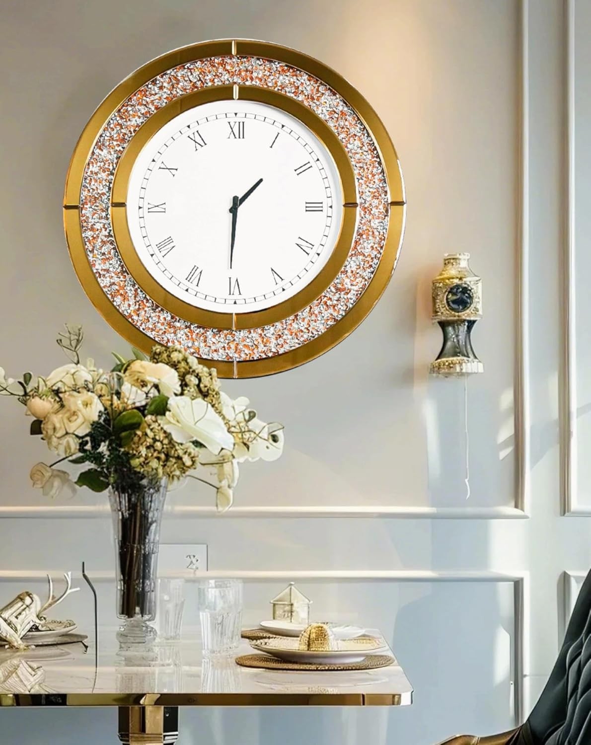 60cm Mirrored Wall Clock Crushed Diamond Inlay Roman Numerals Bling Decor