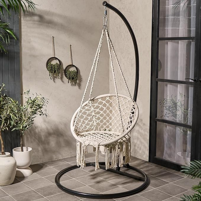 Luxury Hanging Egg Chair with Stand Indoor Outdoor Swing Seat Cream Hammock