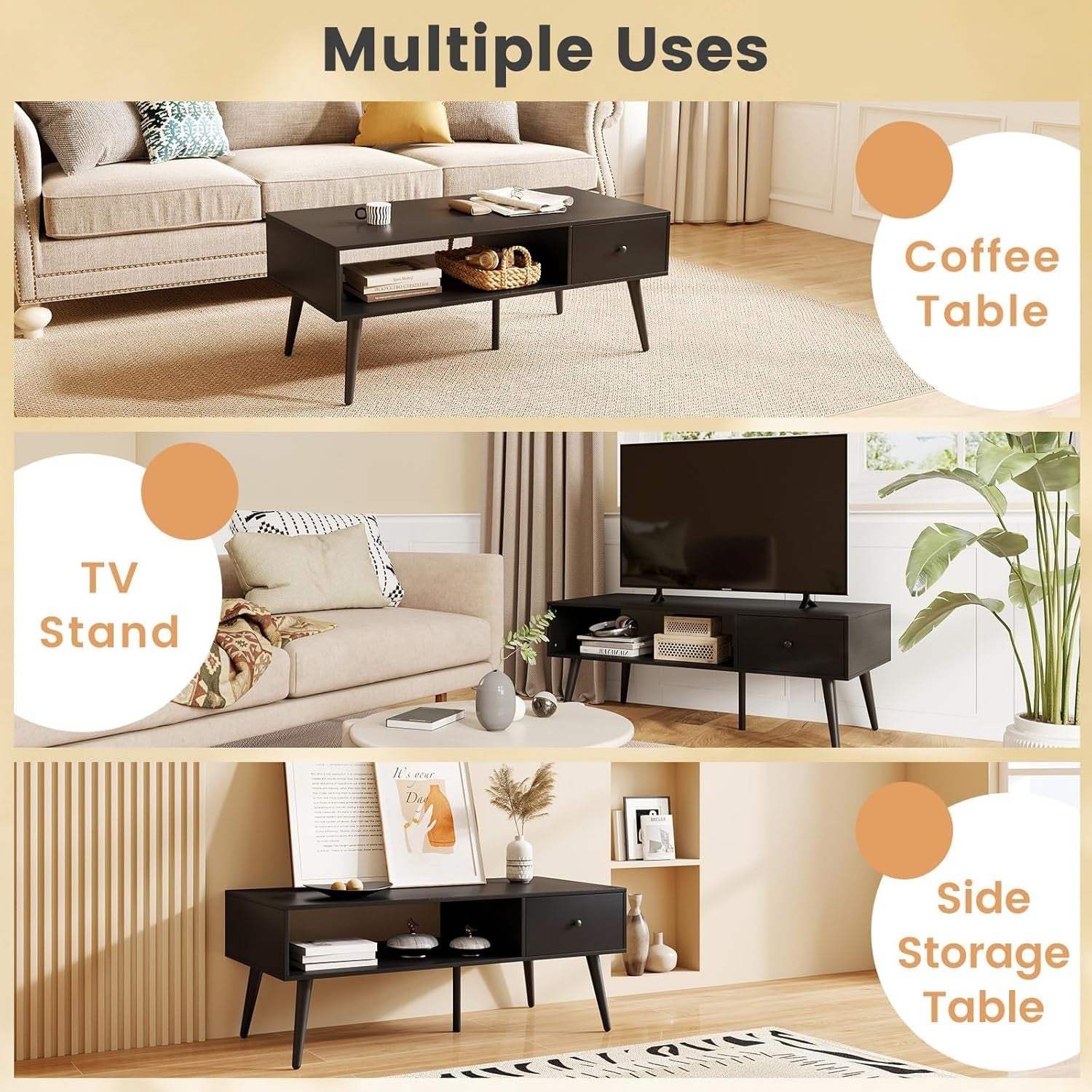Rectangular Coffee Table with Drawer & Storage Shelf – 109x55x42 cm Black