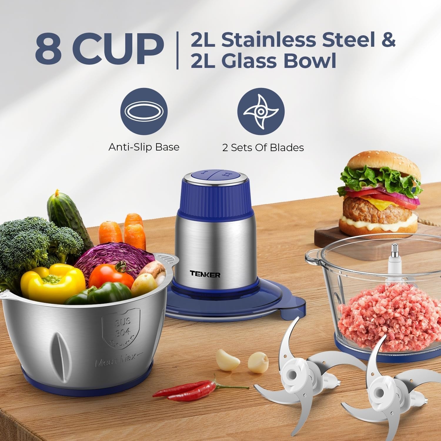 Electric Food Processor 2L+2L 400W Chopper Meat Veg Baby Safe BPA Free