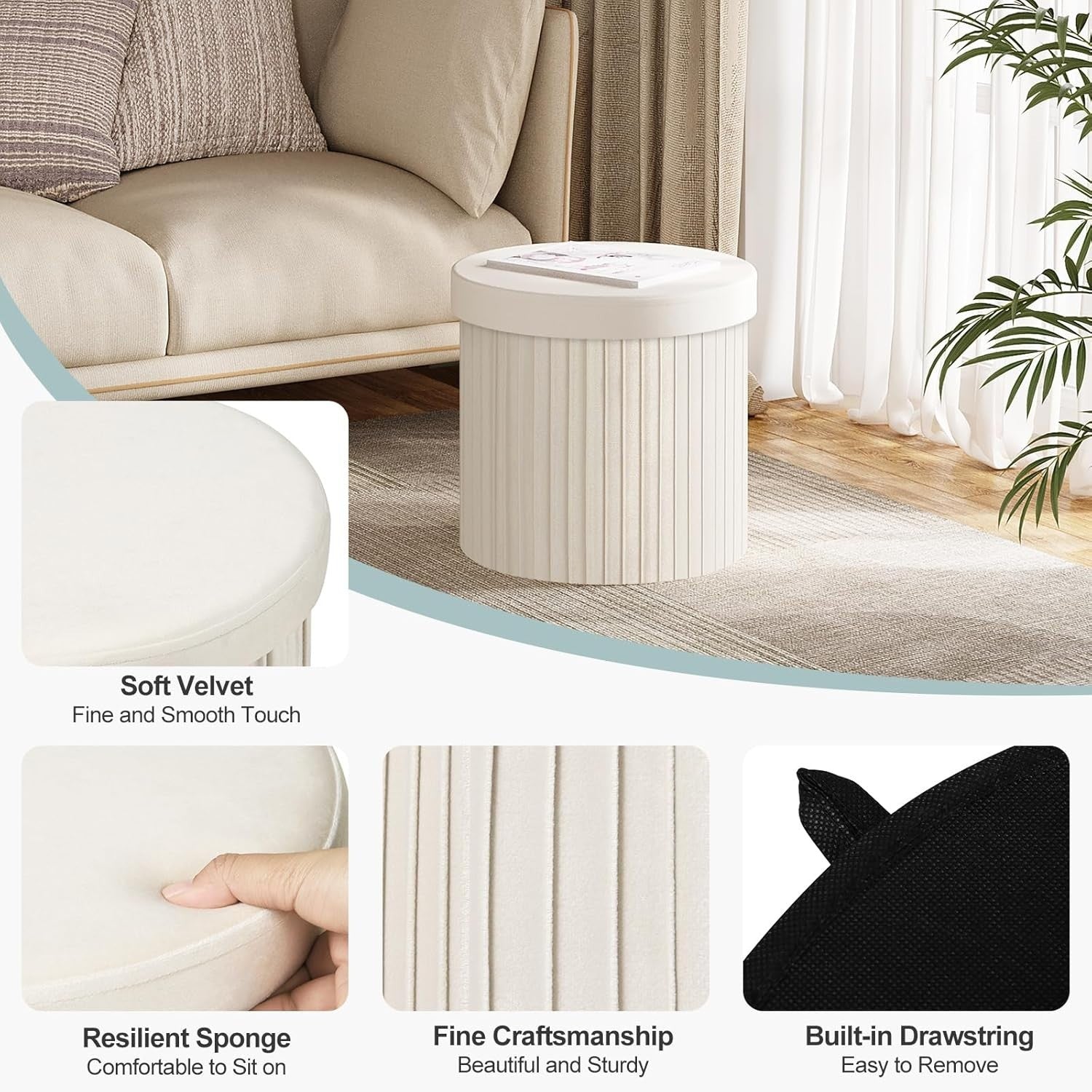Cream Velvet Round Storage Stool Foldable Ottoman Seat Box with Lid 38cm