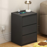 Modern Black Bedside Table with 3 Drawers & Power Station, Wooden Nightstand