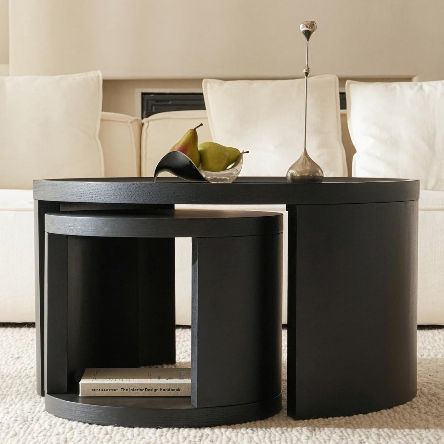 Set of 2 Round Coffee Tables, Pine Wood Side Tables, Black 80/46cm